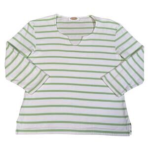 Talbots Petites Green & White Striped Long Sleeve Notched Scoop Neckline XS